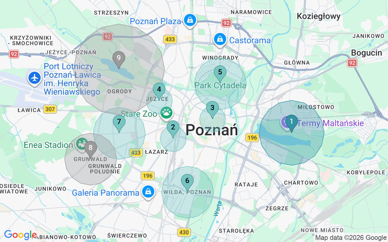 Map of Airbnb guest-review hotspots in Poznan with location premium circles