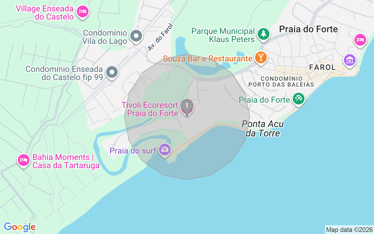 Map of Airbnb guest-review hotspots in Praia do Forte with location premium circles