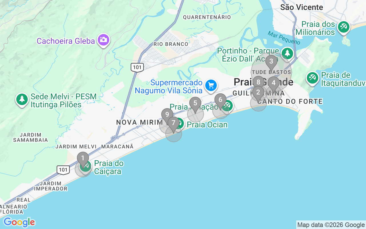 Map of Airbnb guest-review hotspots in Praia Grande with location premium circles