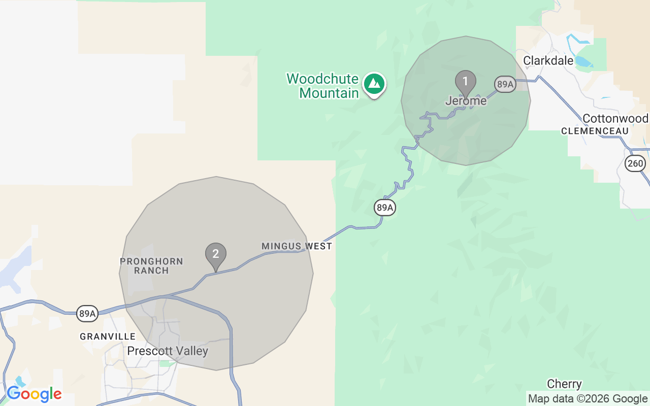 Map of Airbnb guest-review hotspots in Prescott Valley-Prescott with location premium circles