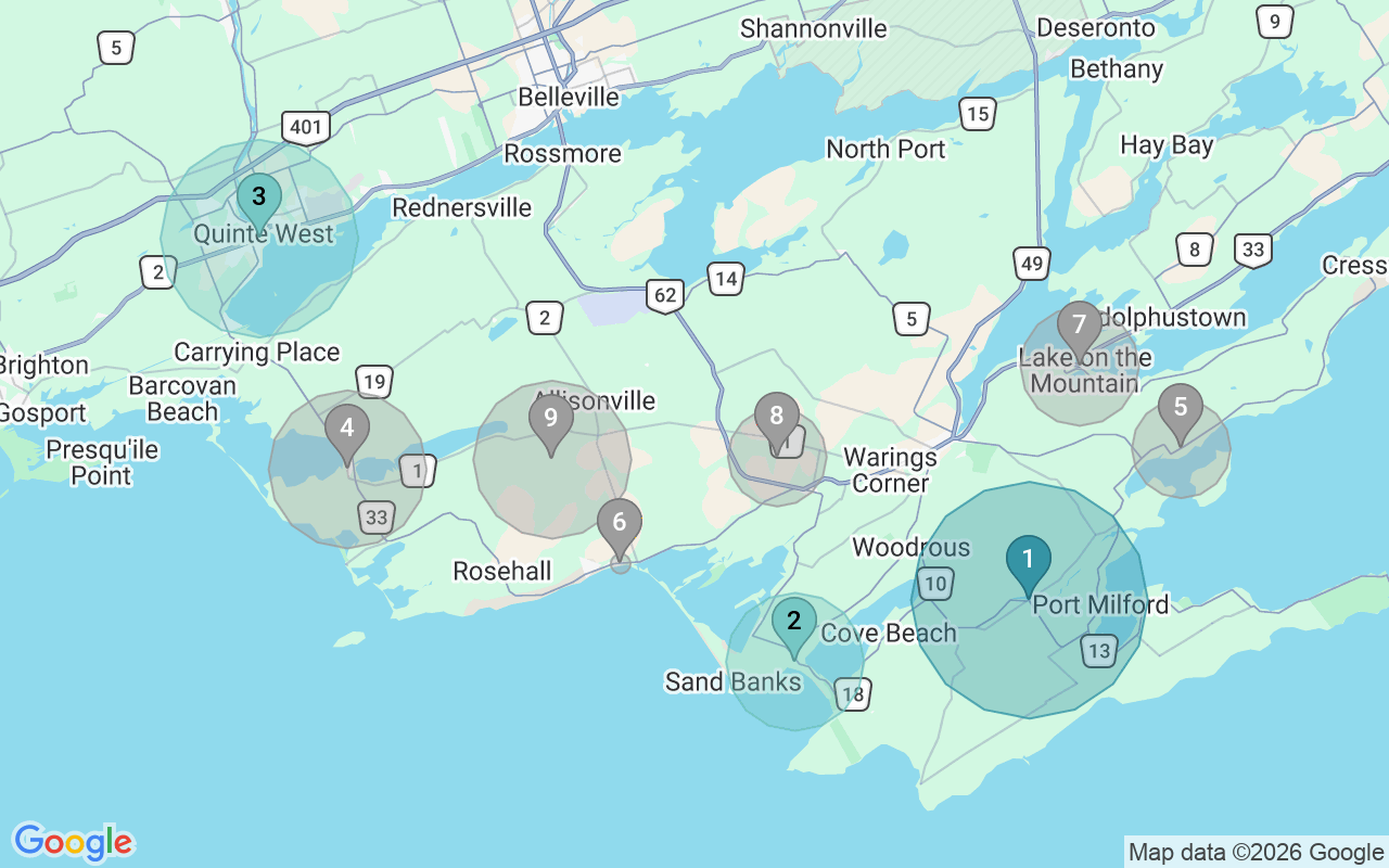 Map of Airbnb guest-review hotspots in Prince Edward with location premium circles