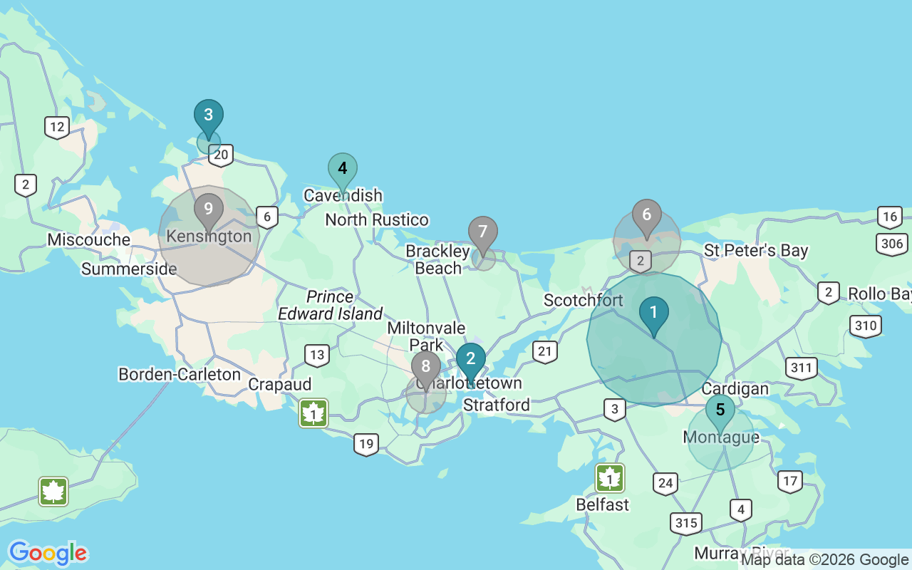Map of Airbnb guest-review hotspots in Prince Edward Island with location premium circles