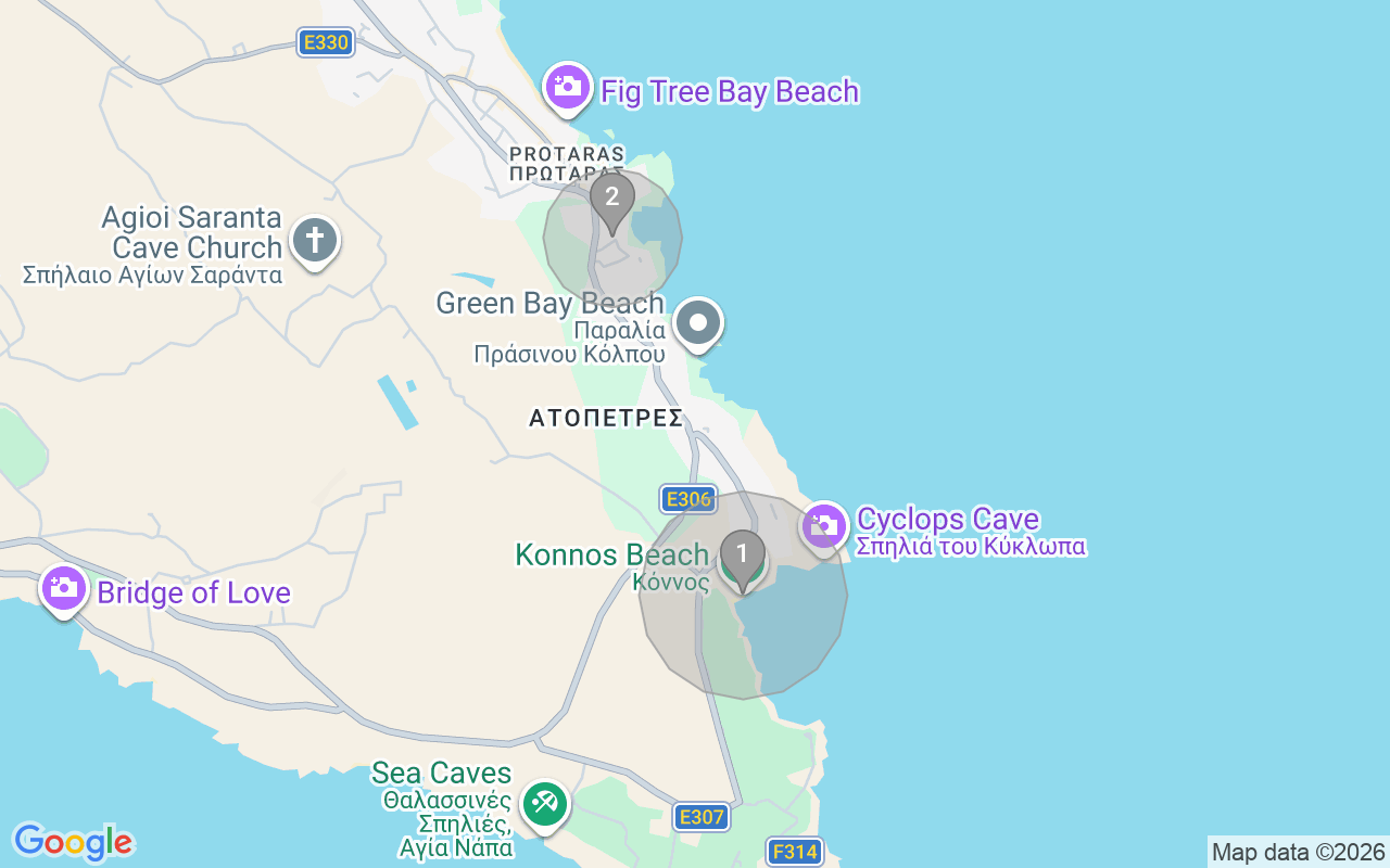 Map of Airbnb guest-review hotspots in Protaras with location premium circles