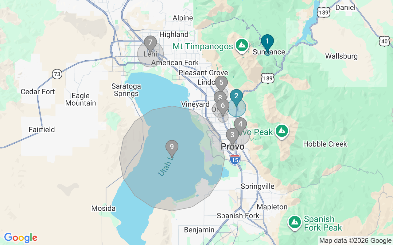 Map of Airbnb guest-review hotspots in Provo-Orem with location premium circles