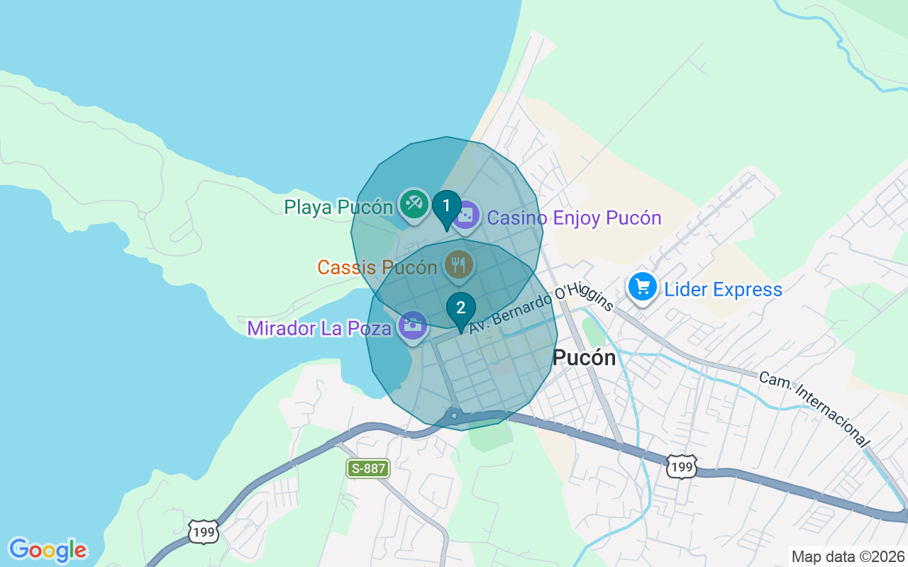 Map of Airbnb guest-review hotspots in Pucon with location premium circles