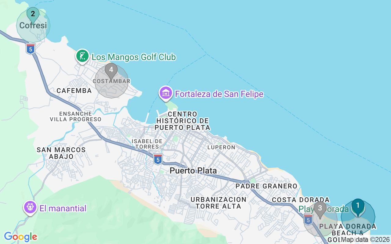 Map of Airbnb guest-review hotspots in Puerto Plata with location premium circles