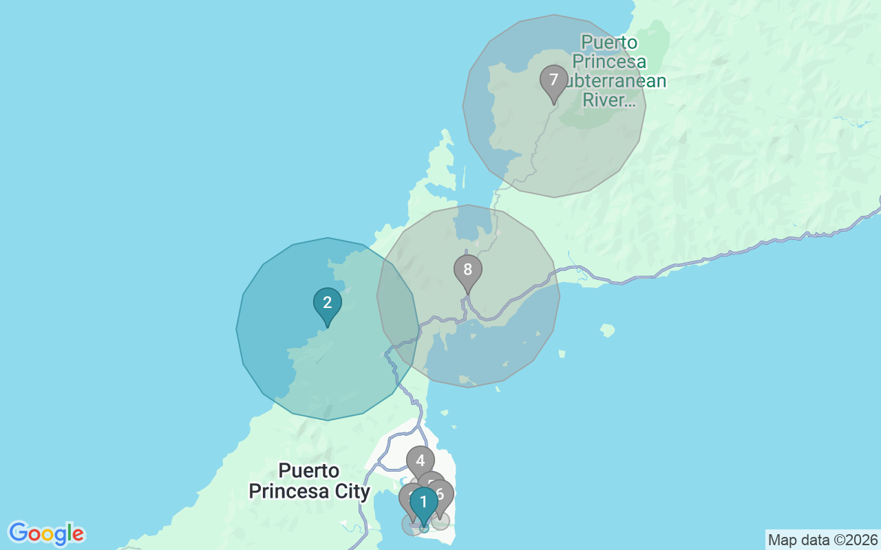 Map of Airbnb guest-review hotspots in Puerto Princesa City with location premium circles