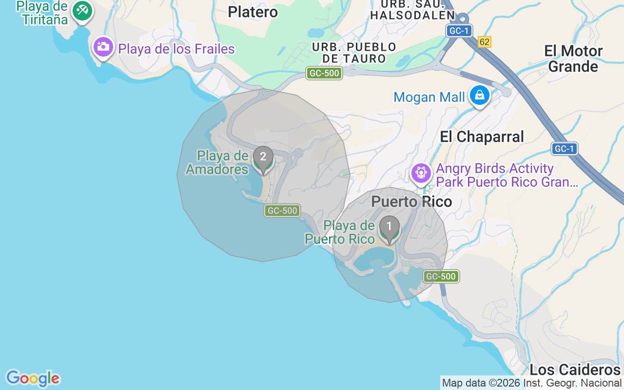 Map of Airbnb guest-review hotspots in Puerto Rico de Gran Canaria with location premium circles