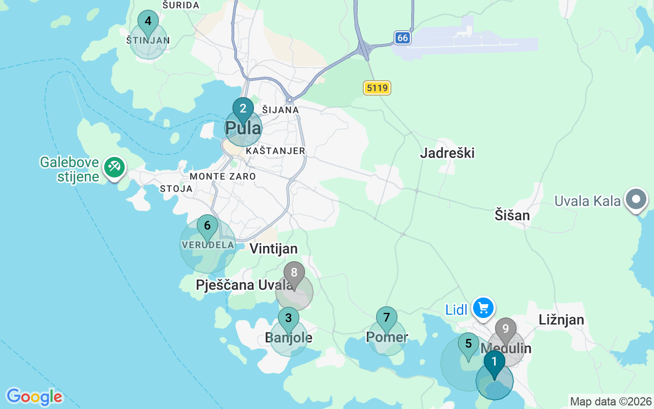 Map of Airbnb guest-review hotspots in Pula Airport Area with location premium circles