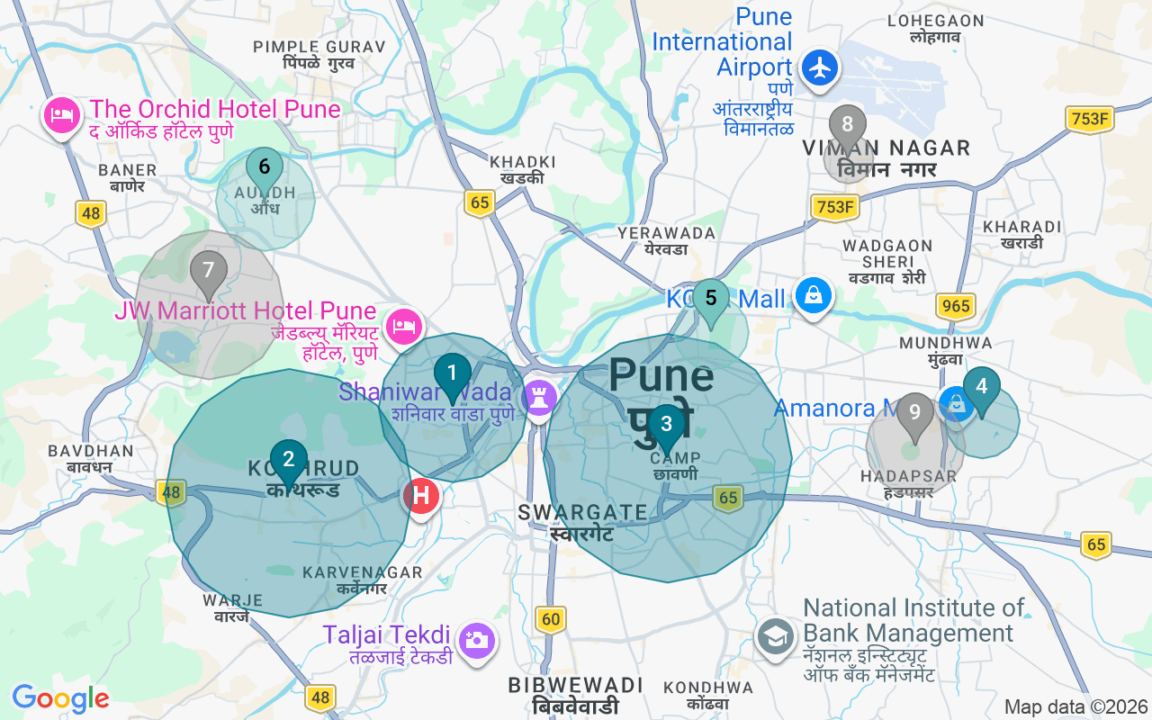Map of Airbnb guest-review hotspots in Pune with location premium circles