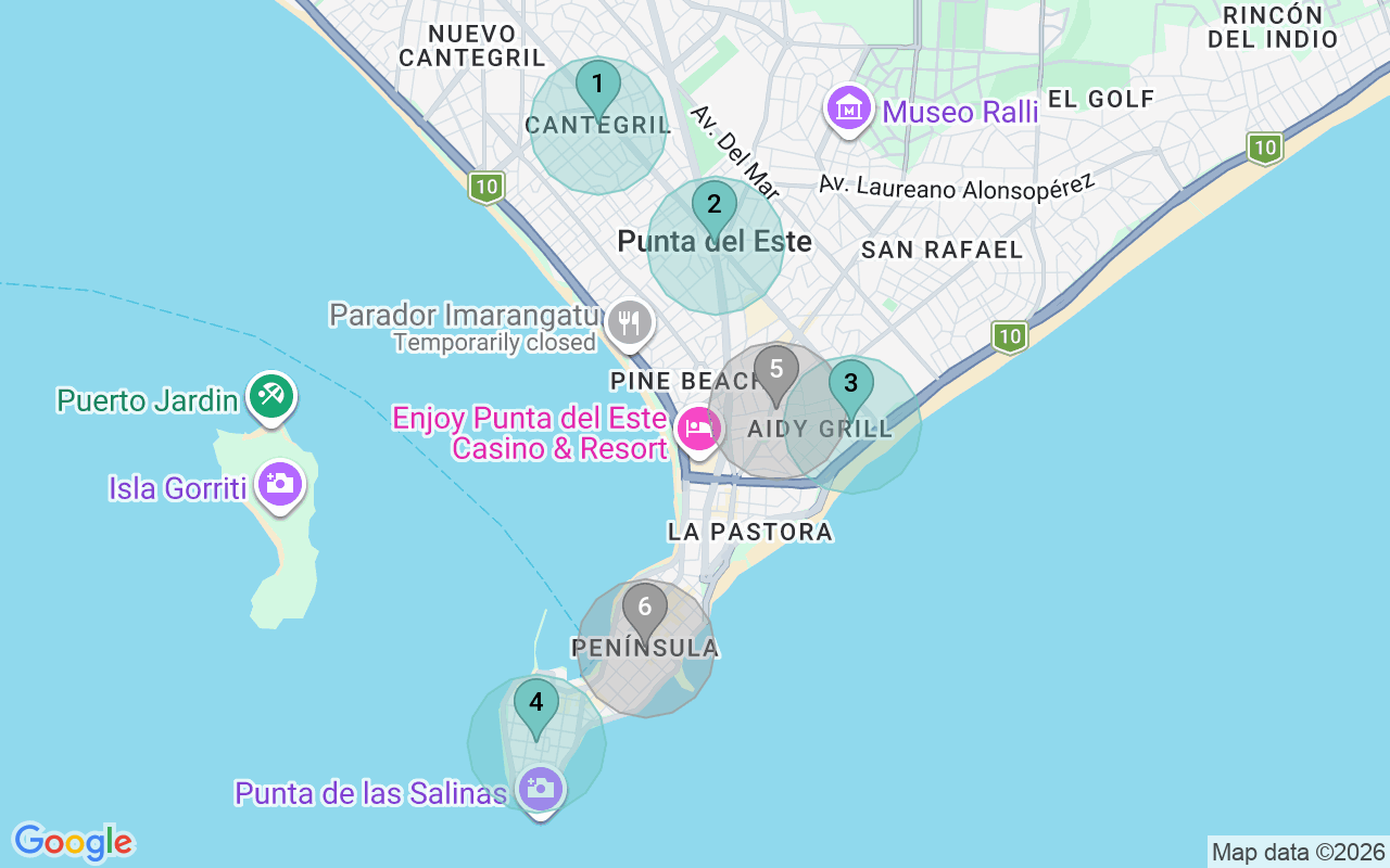 Map of Airbnb guest-review hotspots in Punta del Este with location premium circles