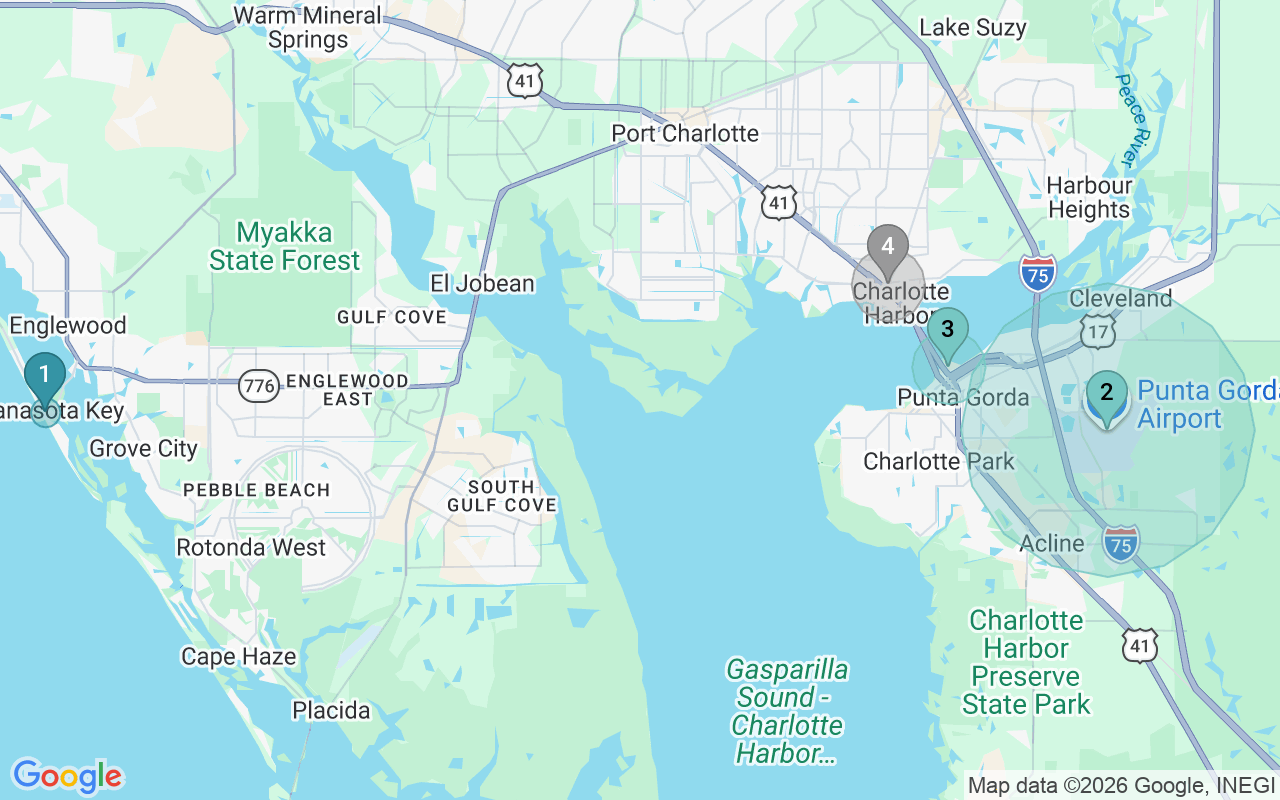 Map of Airbnb guest-review hotspots in Punta Gorda with location premium circles