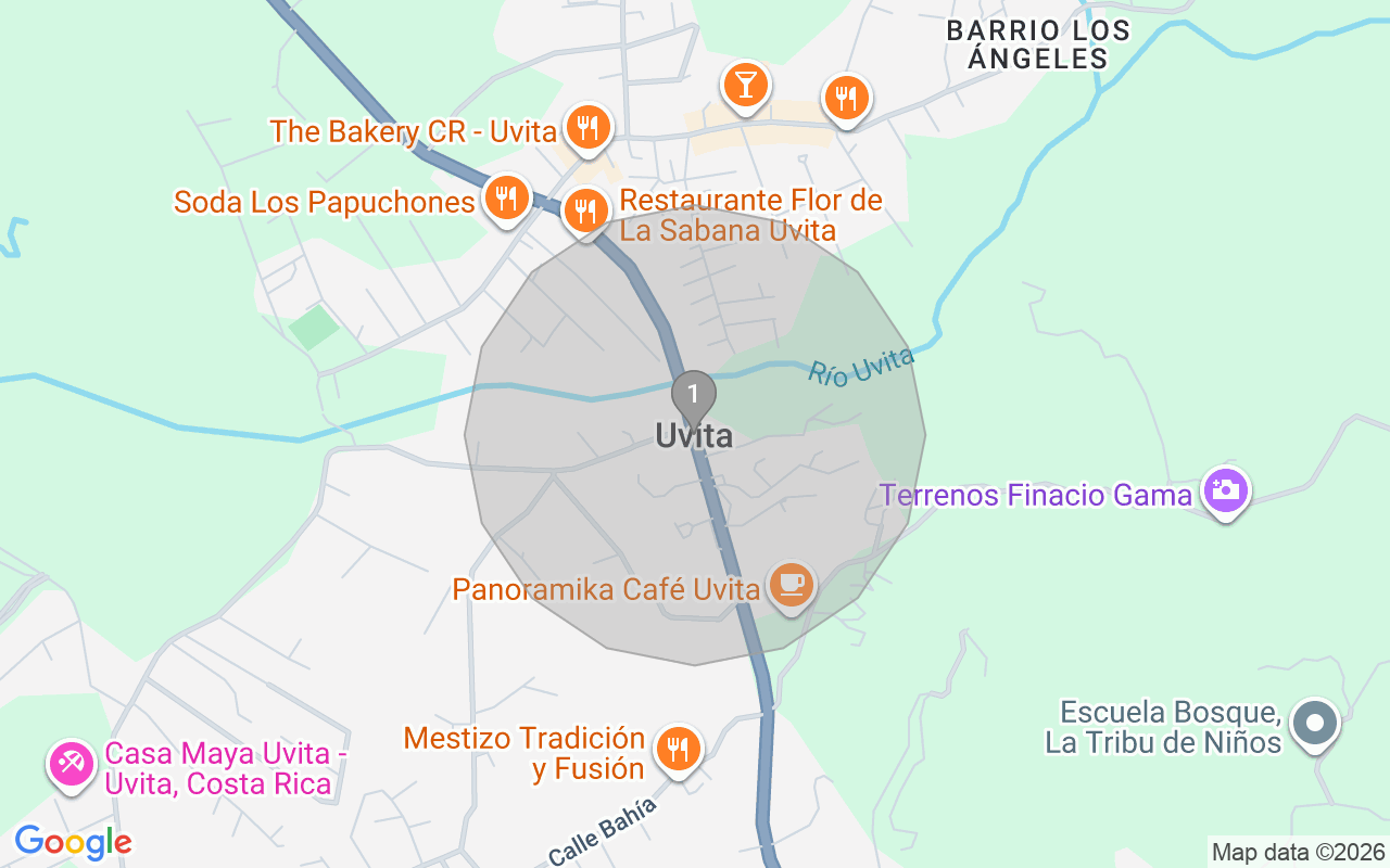 Map of Airbnb guest-review hotspots in Puntarenas Province with location premium circles
