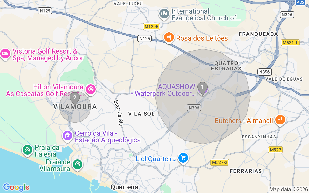 Map of Airbnb guest-review hotspots in Quarteira with location premium circles