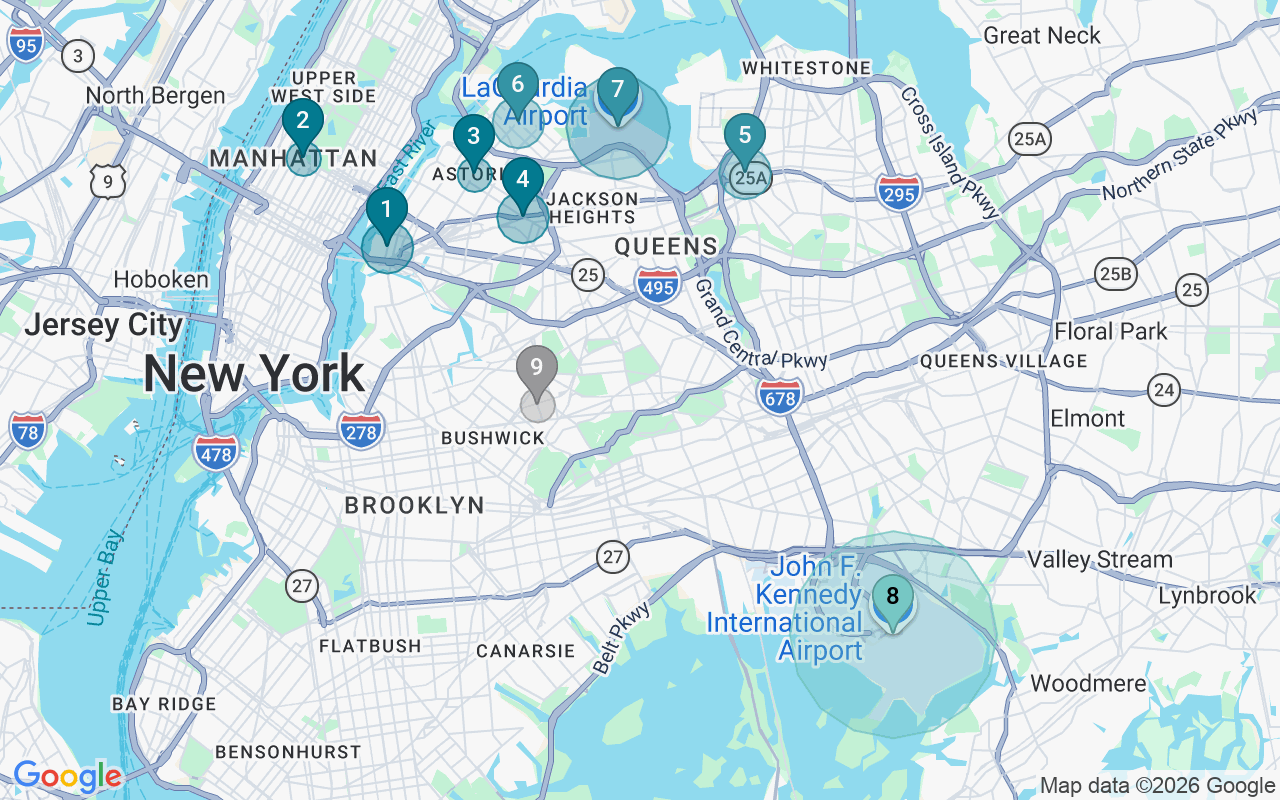 Map of Airbnb guest-review hotspots in Queens with location premium circles