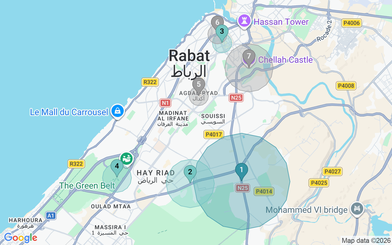 Map of Airbnb guest-review hotspots in Rabata with location premium circles
