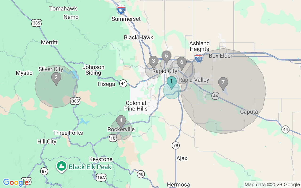 Map of Airbnb guest-review hotspots in Rapid City with location premium circles