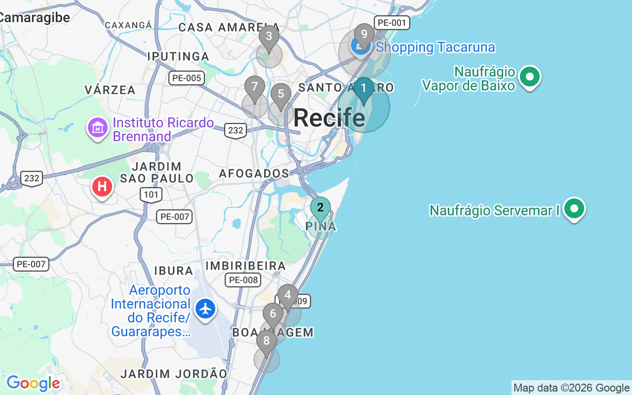 Map of Airbnb guest-review hotspots in Recife with location premium circles