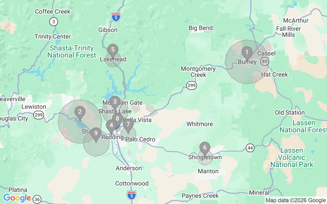 Map of Airbnb guest-review hotspots in Redding with location premium circles