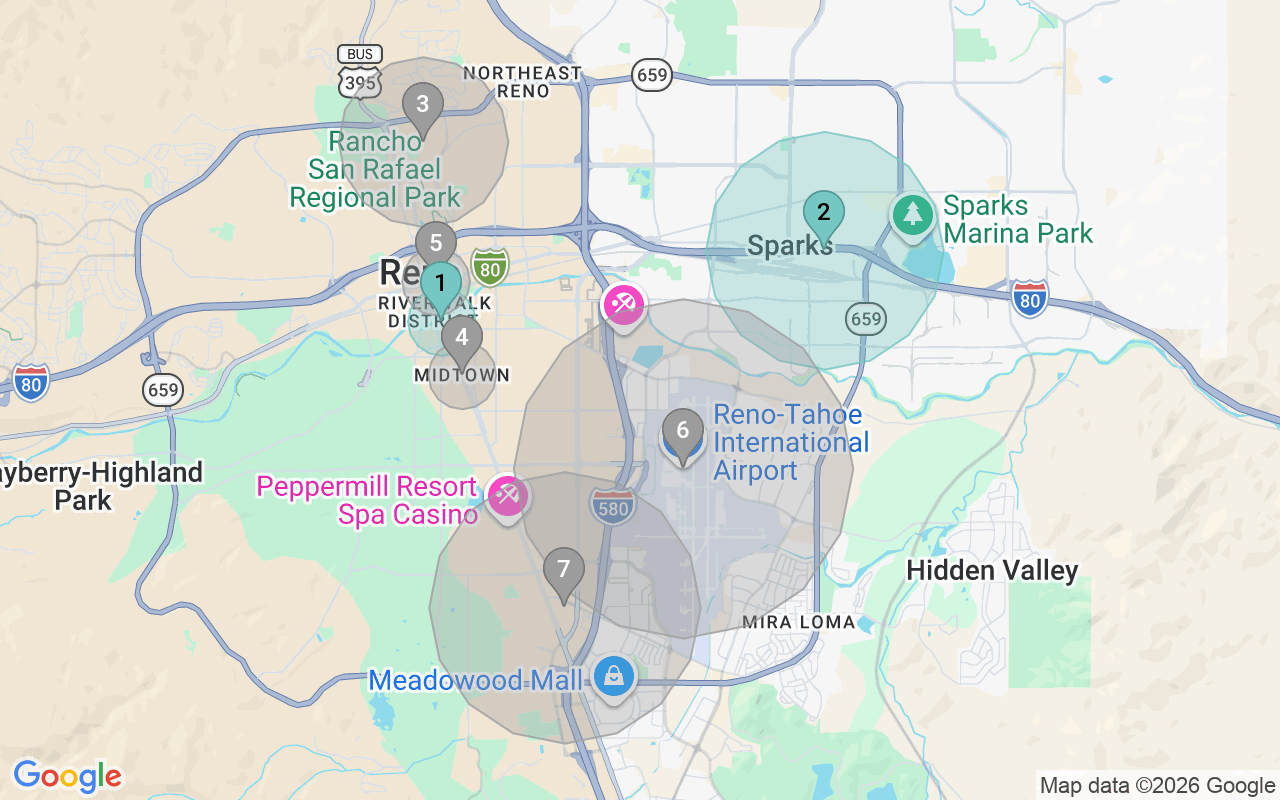 Map of Airbnb guest-review hotspots in Reno with location premium circles
