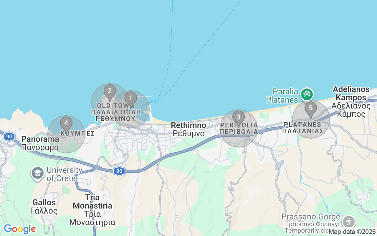 Map of Airbnb guest-review hotspots in Rethymno with location premium circles