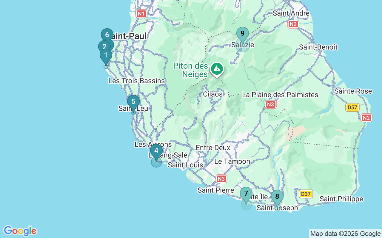 Map of Airbnb guest-review hotspots in Reunion island with location premium circles