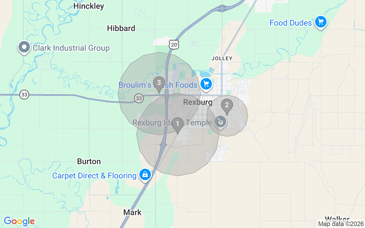 Map of Airbnb guest-review hotspots in Rexburg with location premium circles