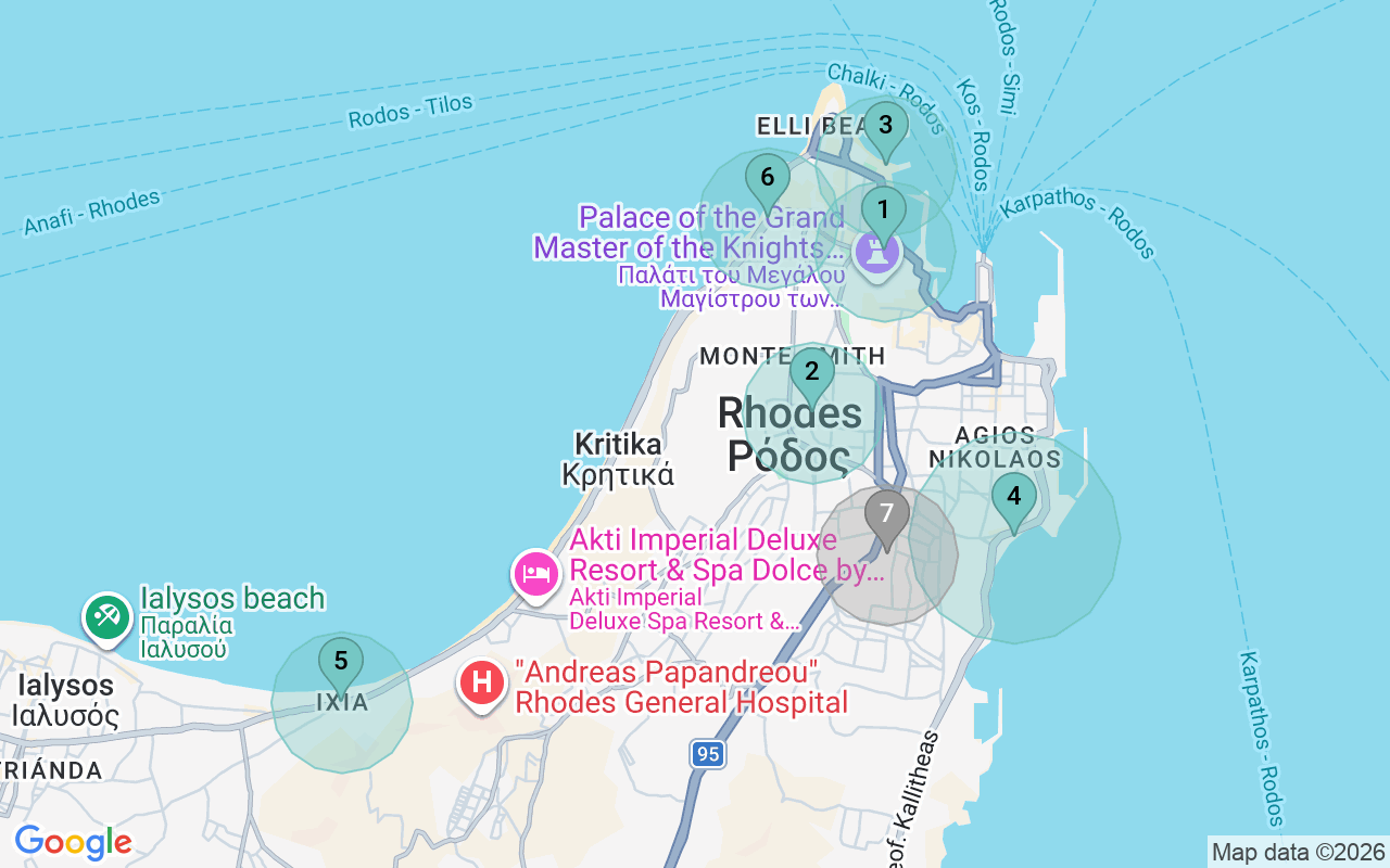 Map of Airbnb guest-review hotspots in Rhodes Town with location premium circles