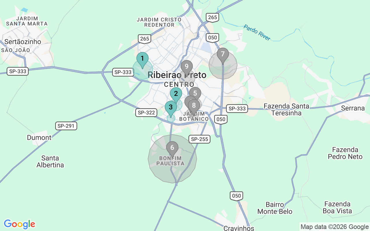 Map of Airbnb guest-review hotspots in Ribeirão Preto with location premium circles