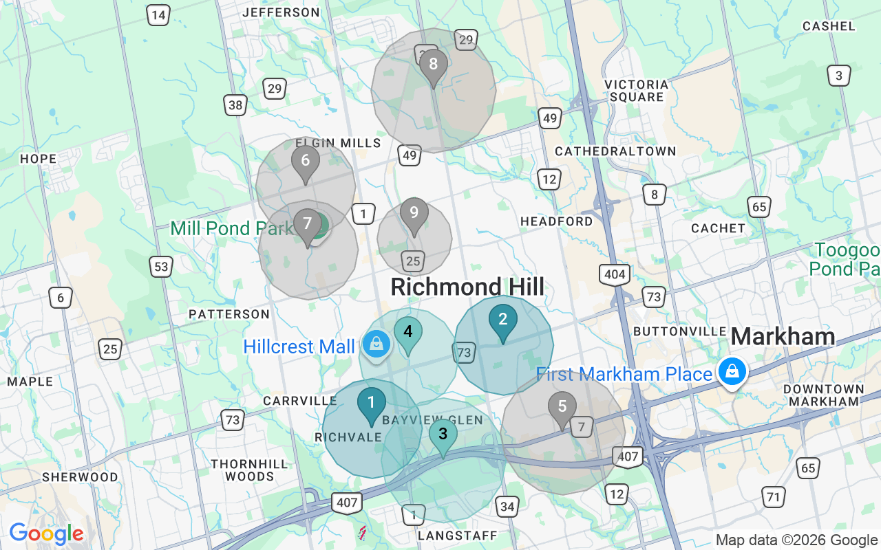 Map of Airbnb guest-review hotspots in Richmond Hill with location premium circles