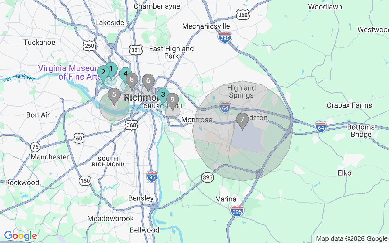 Map of Airbnb guest-review hotspots in Richmond with location premium circles