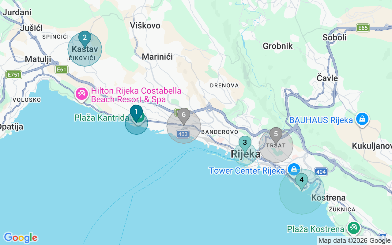 Map of Airbnb guest-review hotspots in Rijeka with location premium circles