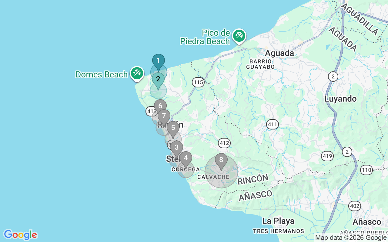 Map of Airbnb guest-review hotspots in Rincon with location premium circles