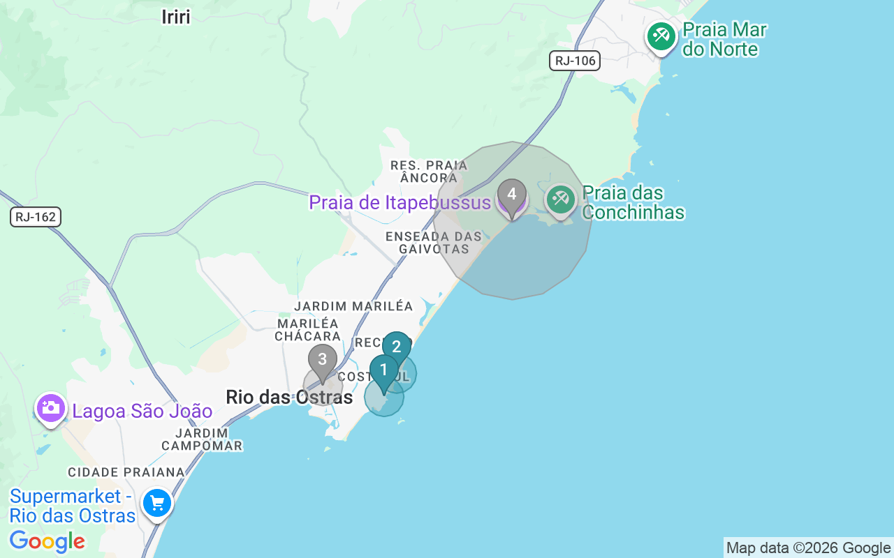 Map of Airbnb guest-review hotspots in Rio Das Ostras with location premium circles