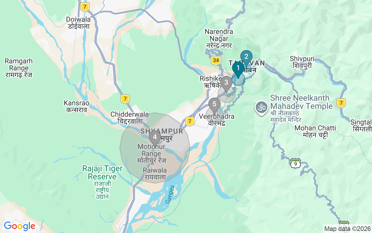 Map of Airbnb guest-review hotspots in Rishikesh with location premium circles