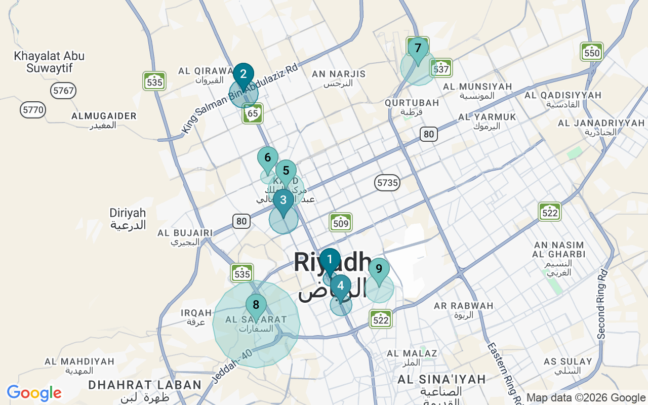 Map of Airbnb guest-review hotspots in Riyadh with location premium circles