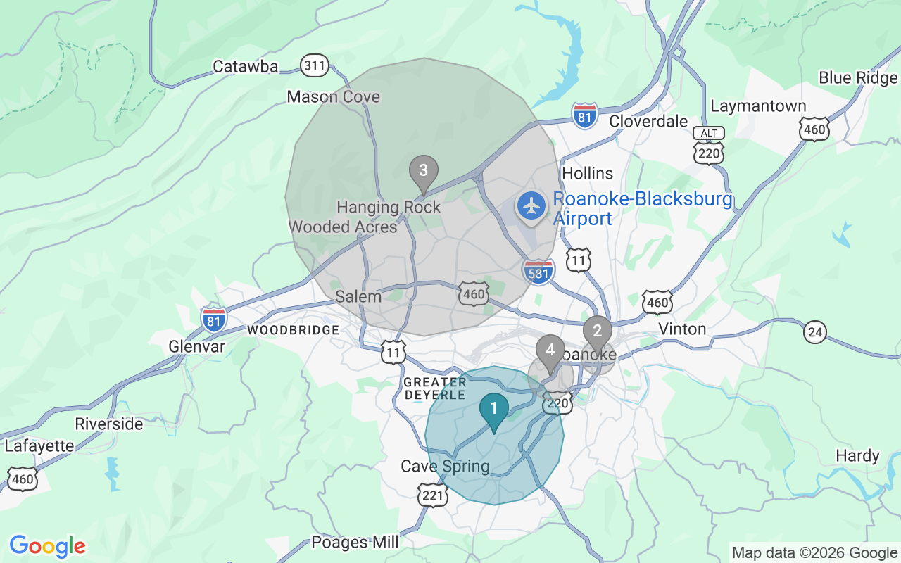 Map of Airbnb guest-review hotspots in Roanoke with location premium circles