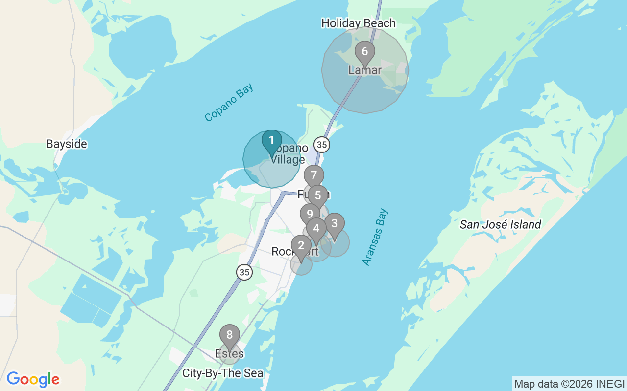 Map of Airbnb guest-review hotspots in Rockport with location premium circles