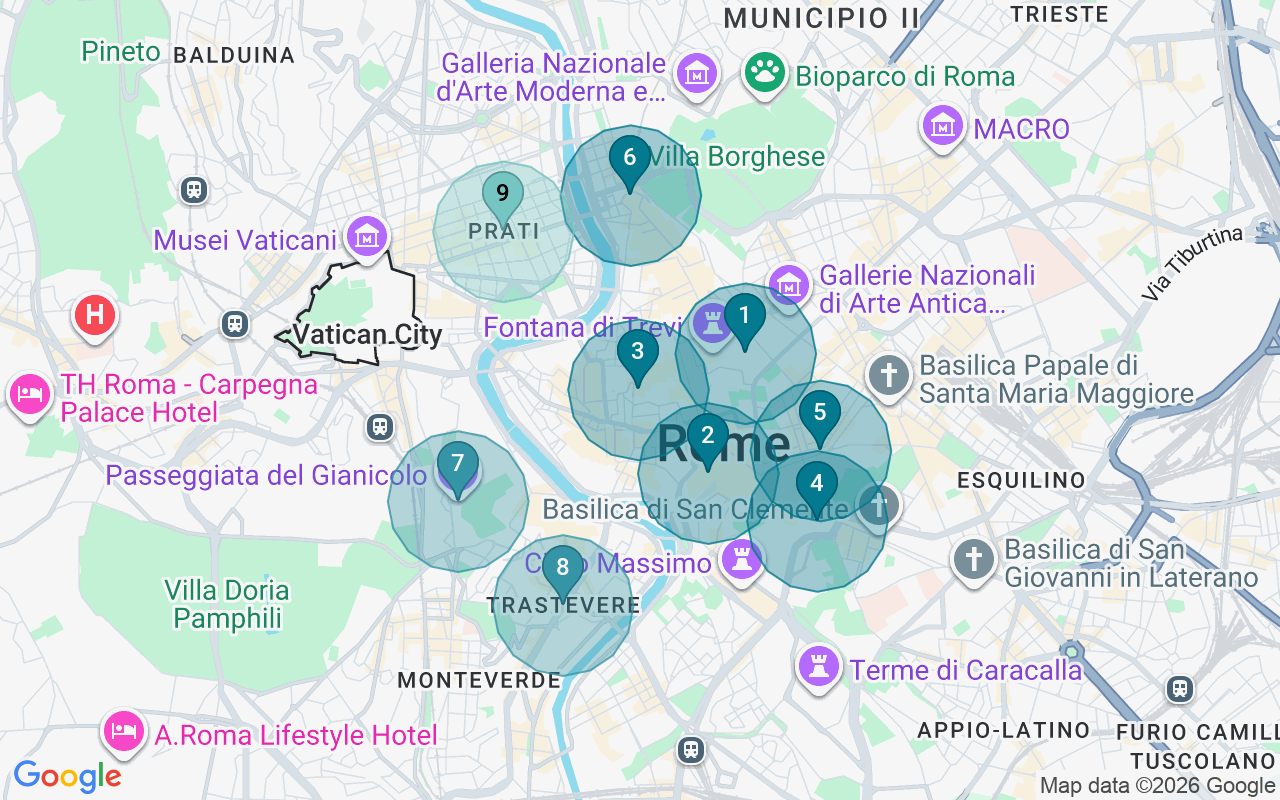 Map of Airbnb guest-review hotspots in Rome with location premium circles