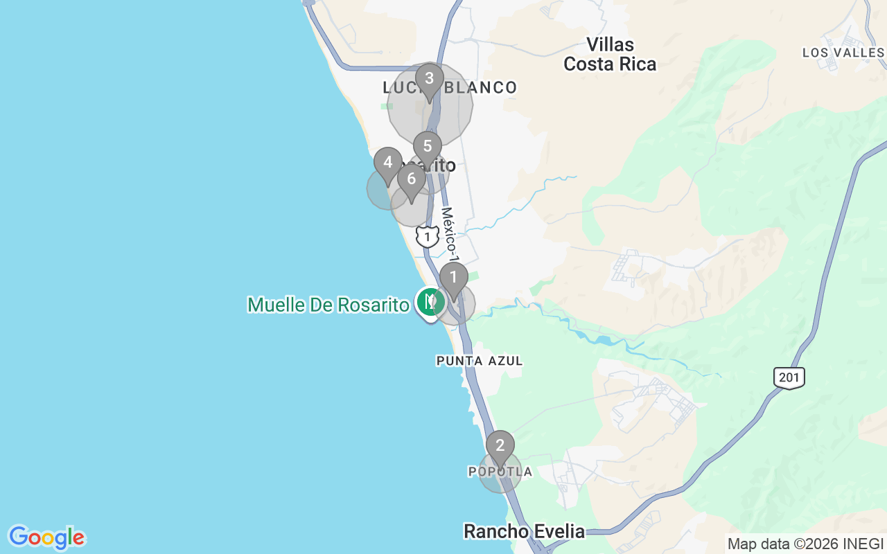 Map of Airbnb guest-review hotspots in Rosarito with location premium circles