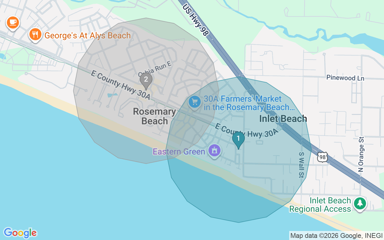 Map of Airbnb guest-review hotspots in Rosemary Beach with location premium circles