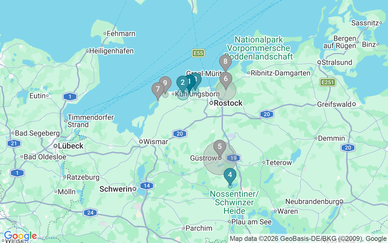 Map of Airbnb guest-review hotspots in Rostock with location premium circles