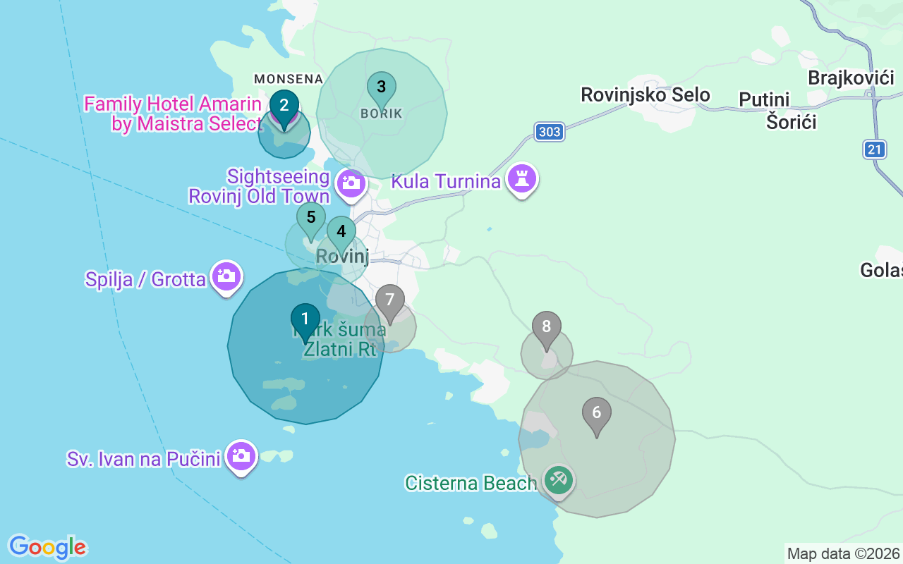 Map of Airbnb guest-review hotspots in Rovinj with location premium circles