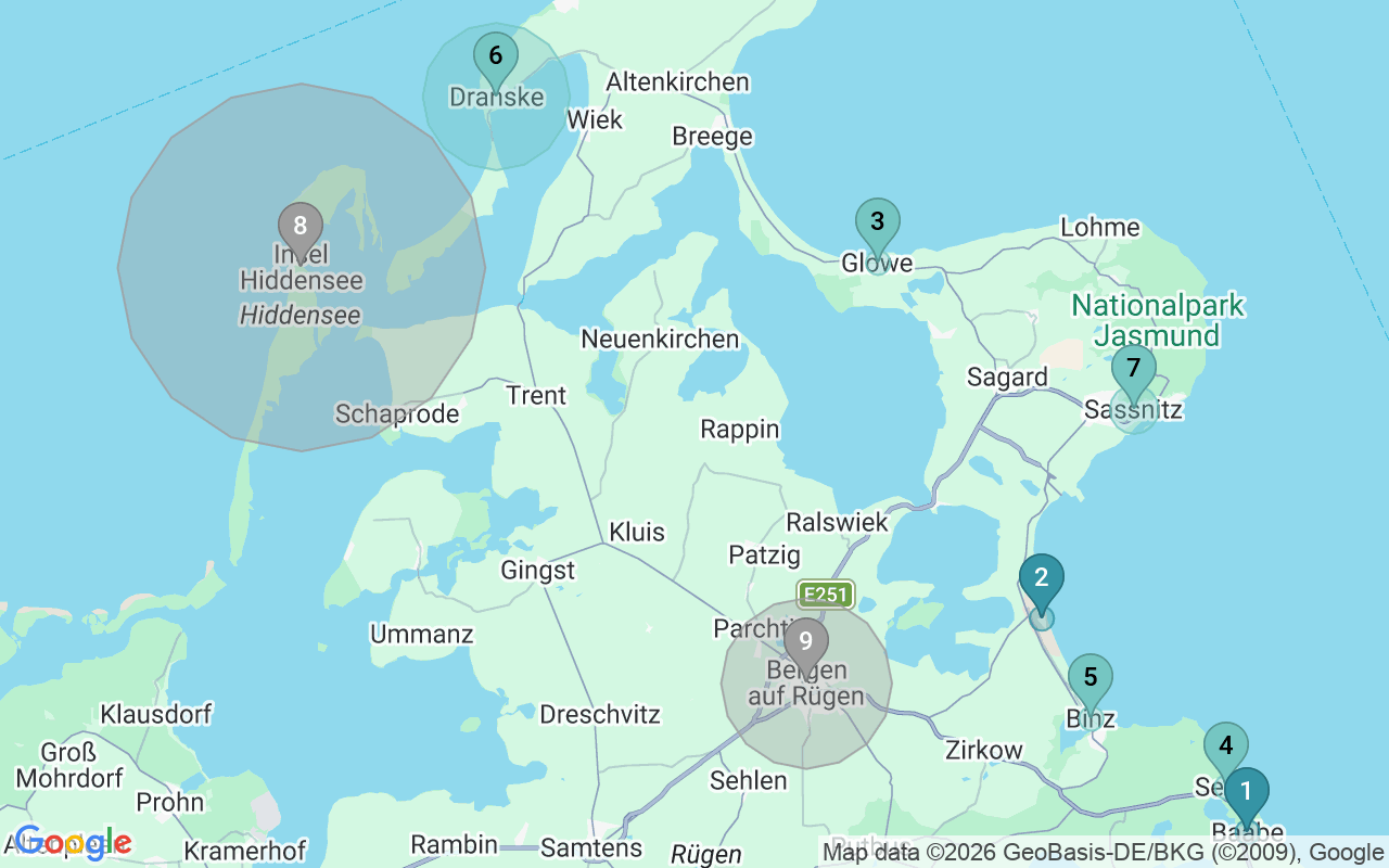 Map of Airbnb guest-review hotspots in Rugen Island with location premium circles