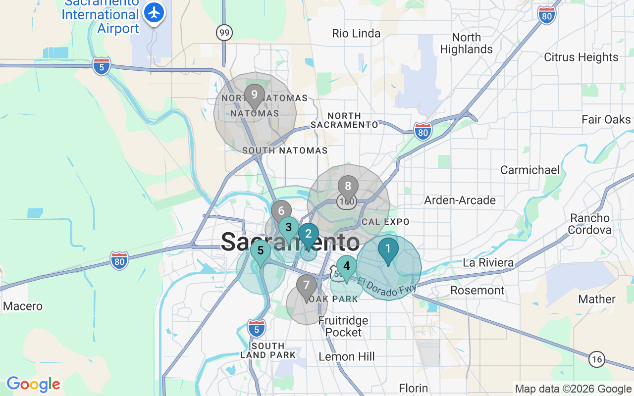Map of Airbnb guest-review hotspots in Sacramento with location premium circles