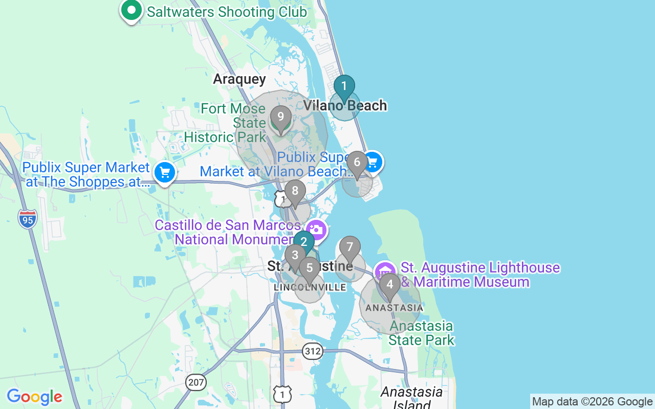 Map of Airbnb guest-review hotspots in Saint Augustine with location premium circles