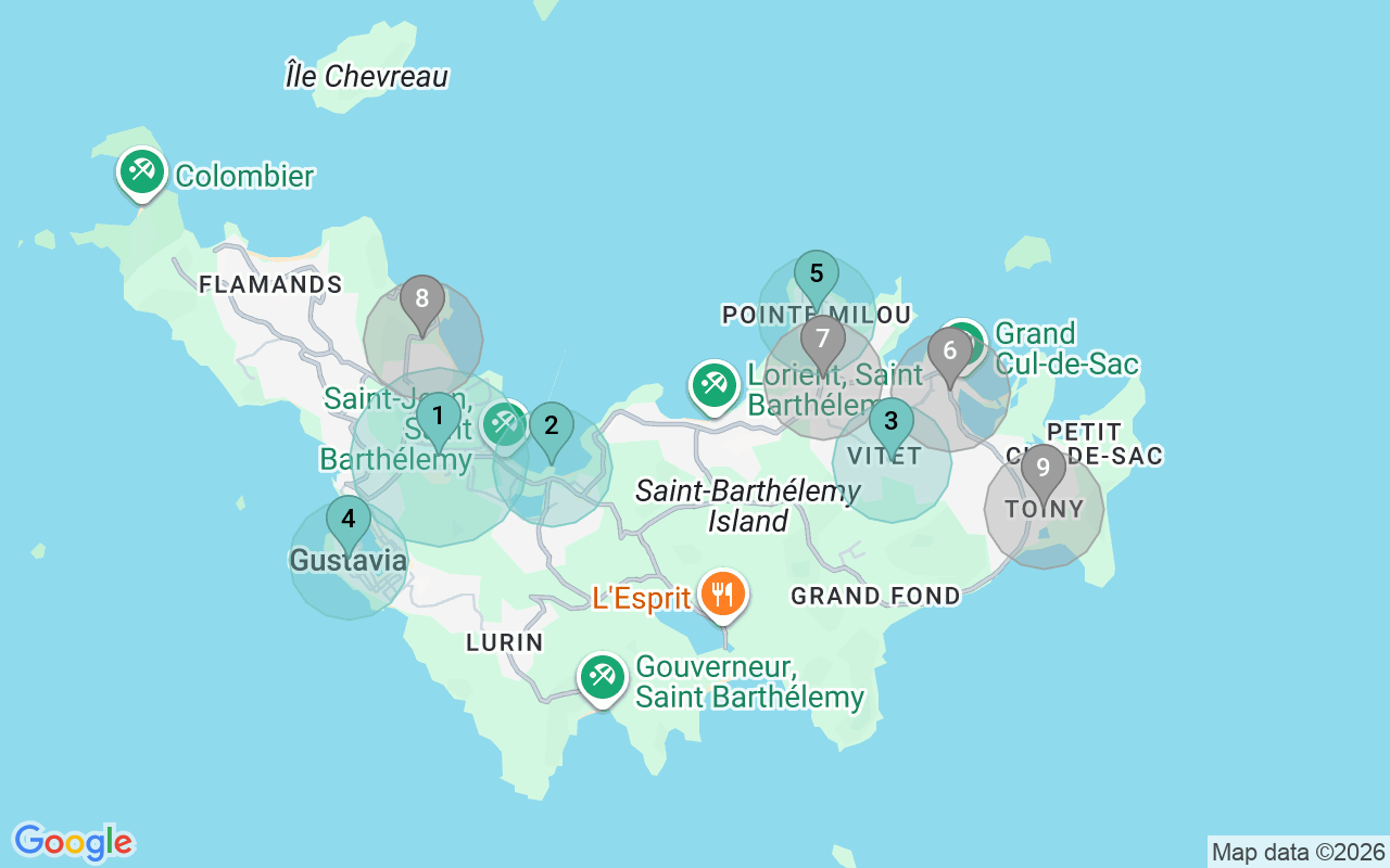 Map of Airbnb guest-review hotspots in Saint Barthelemy with location premium circles