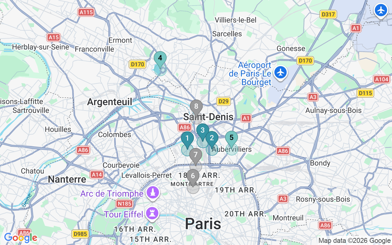 Map of Airbnb guest-review hotspots in Saint-Denis with location premium circles