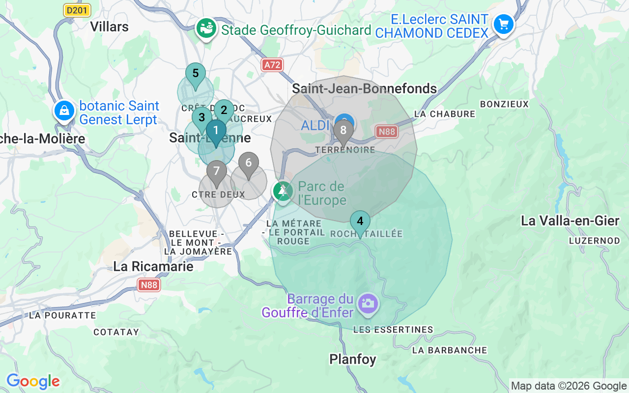 Map of Airbnb guest-review hotspots in Saint-Etienne with location premium circles