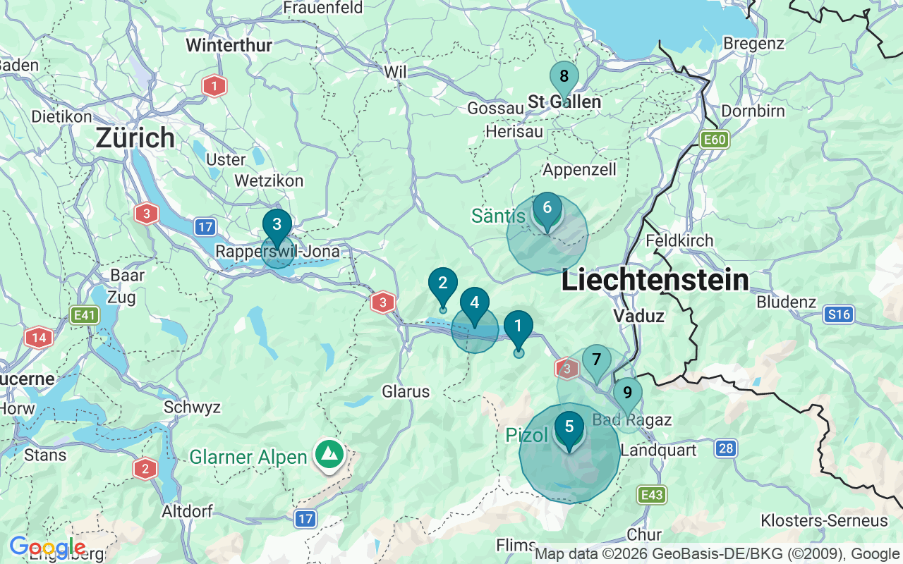 Map of Airbnb guest-review hotspots in Saint Gallen with location premium circles